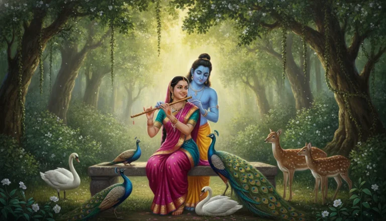 Colorful birds and deer gathered around a woman playing a flute with a divine blue presence.
