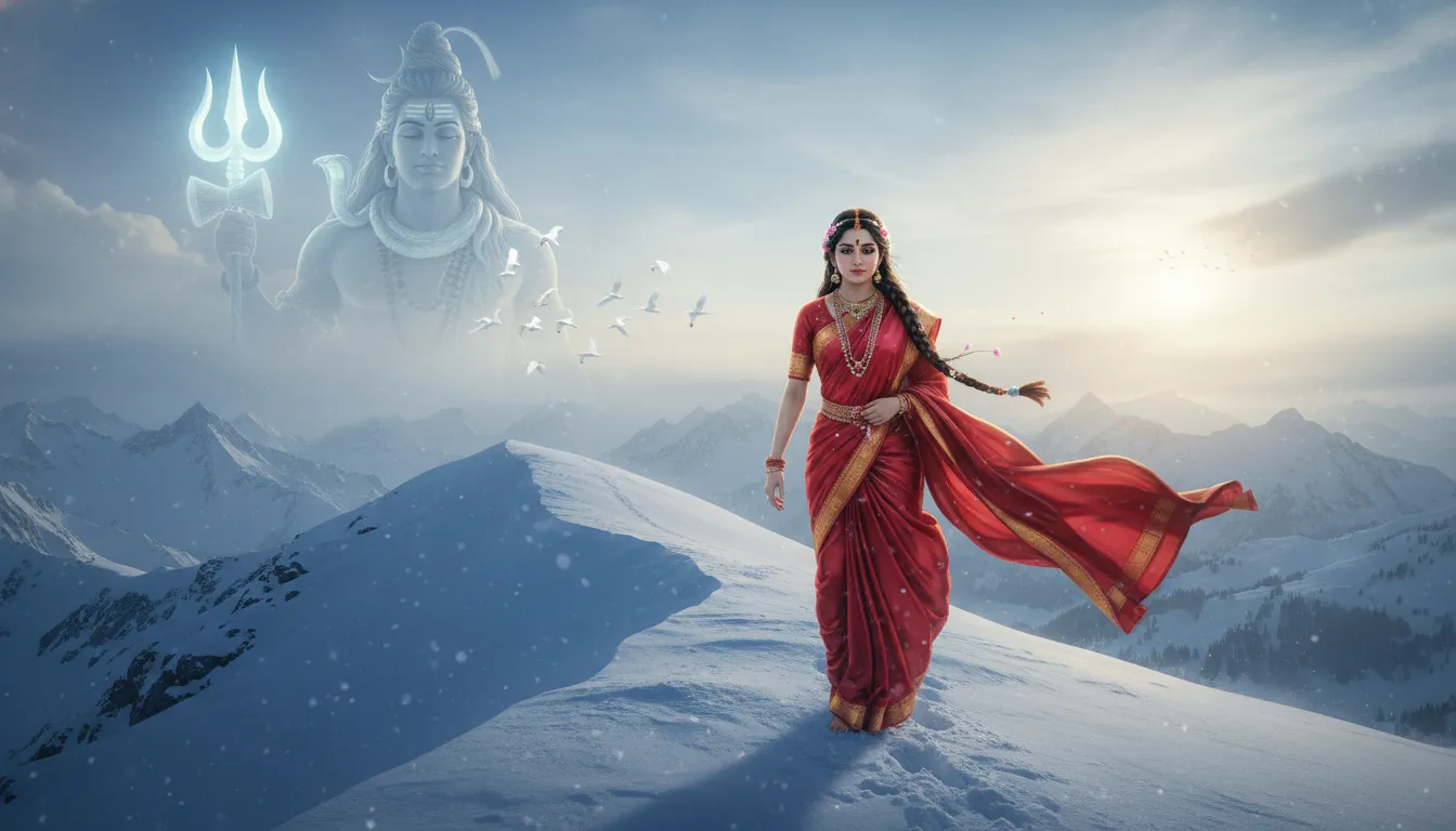 goddess parvati walking in red saree snow mountains lord shiva shadow trishul