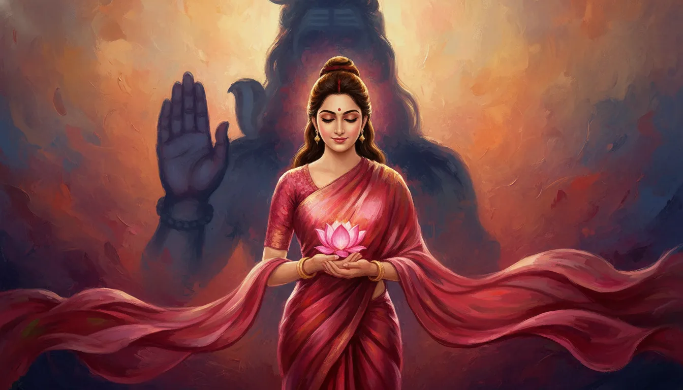 warrior goddess parvati red saree holding sword lord shiva shadow warrior pose