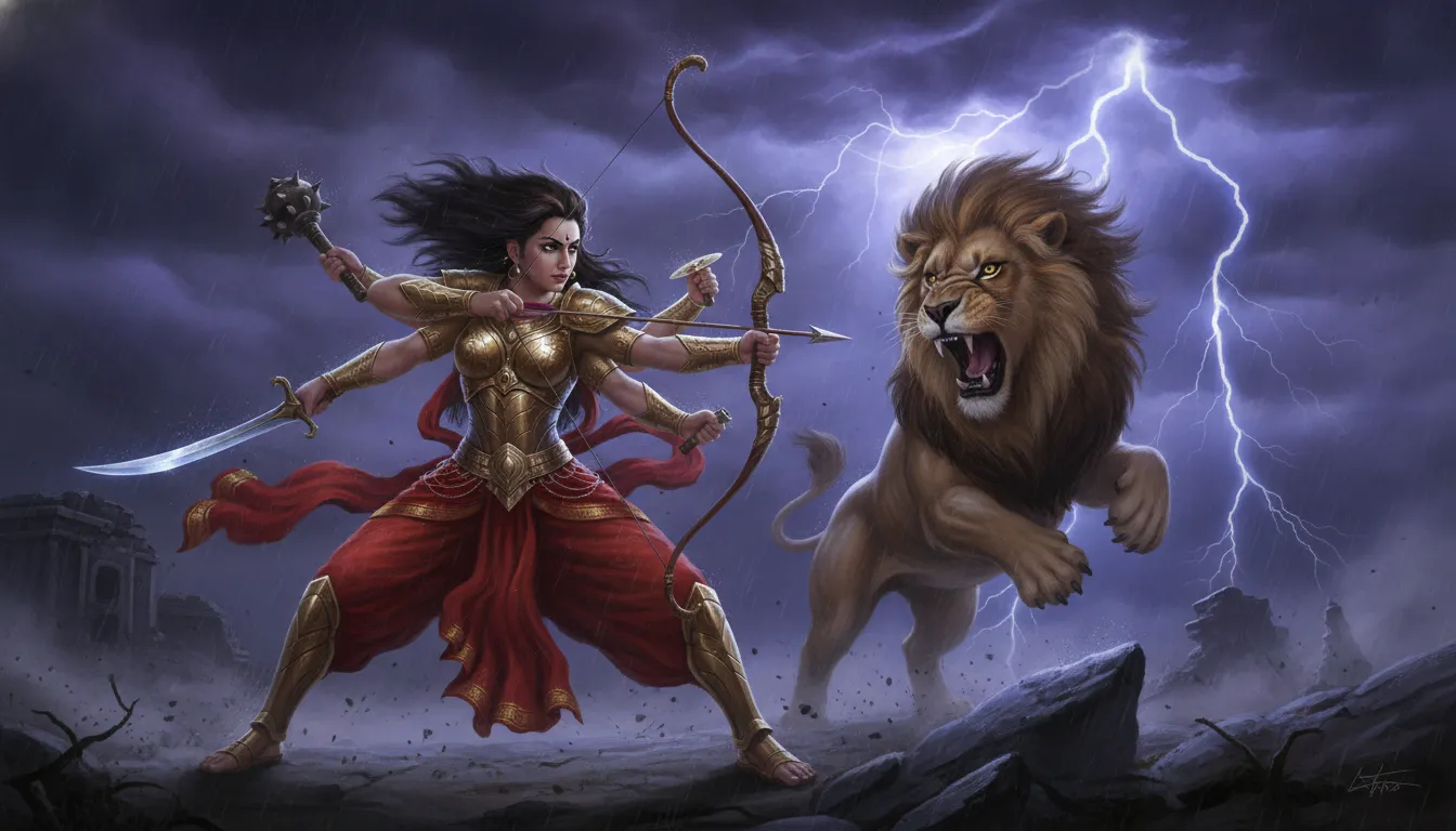 A classic Indian traditional style painting of Goddess Durga with multiple arms on a roaring lion.