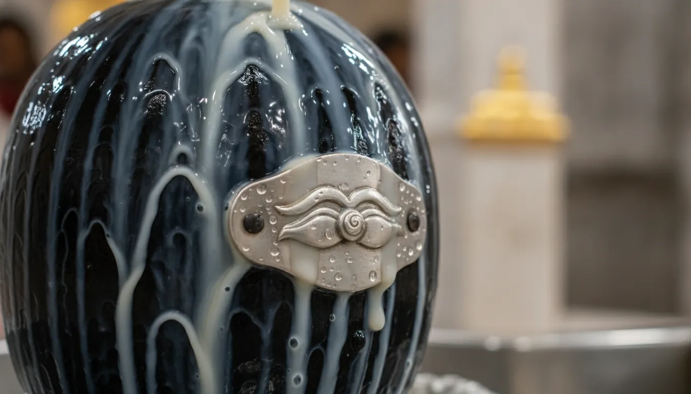 A realistic close-up photo of milk and water ritual pouring over a black Shivling decorated with a detailed silver eye.