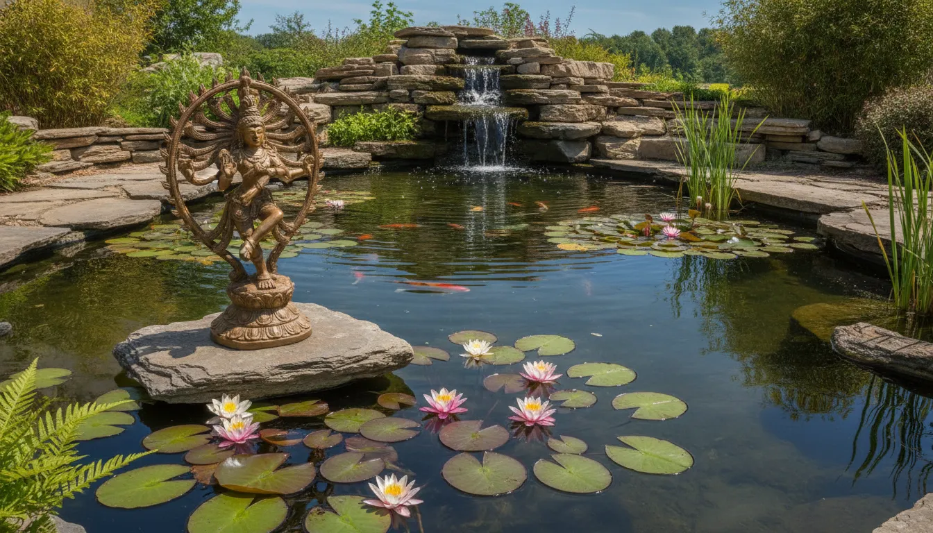 A detailed bronze Nataraja statue positioned at the edge of a calm backyard pond with water lily pads reflecting the sculpture.
