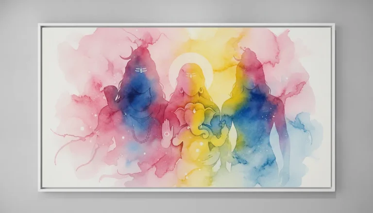 Abstract watercolor painting of Shiva family with soft pastel colors and fluid shapes