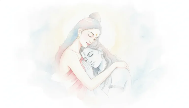 Soft watercolor artwork showing Parvati holding a resting Shiva