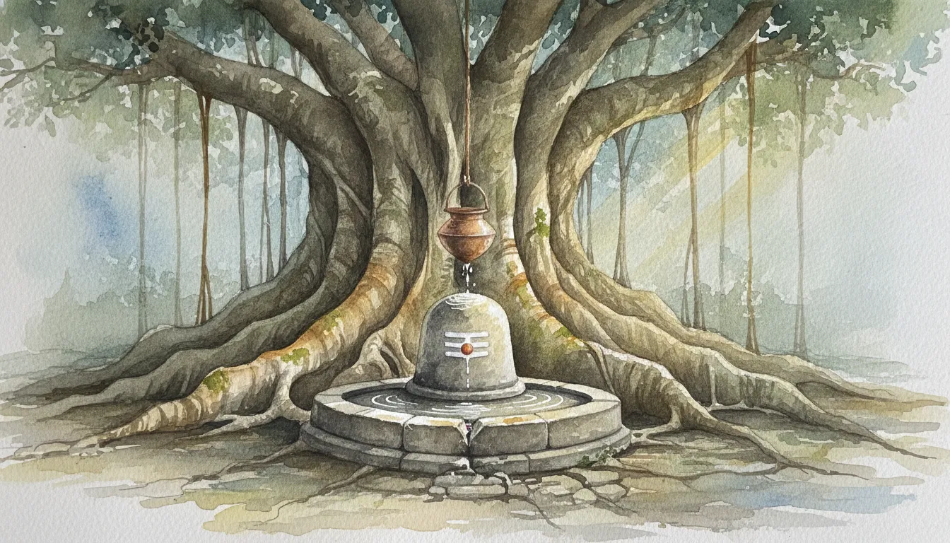 A peaceful watercolor landscape painting image of shivling for drawing under a tree.