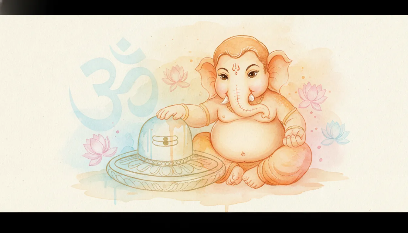 Artistic watercolor illustration of Lord Ganesh sitting beside a decorated Shivling.