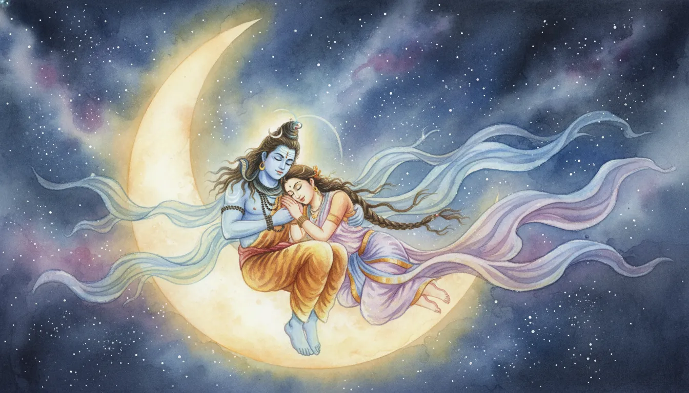 artistic watercolor painting shiva parvati sitting on crescent moon