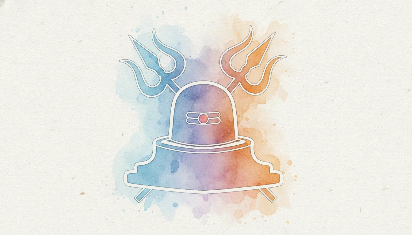 A 2D graphic illustration of a Shivling with a crossed Trishul, featuring a beautiful flat watercolor wash texture in soft spiritual tones.