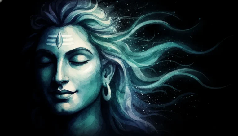 Artistic digital watercolor portrait of Lord Shiva with soft half-lit blending on a dark background.