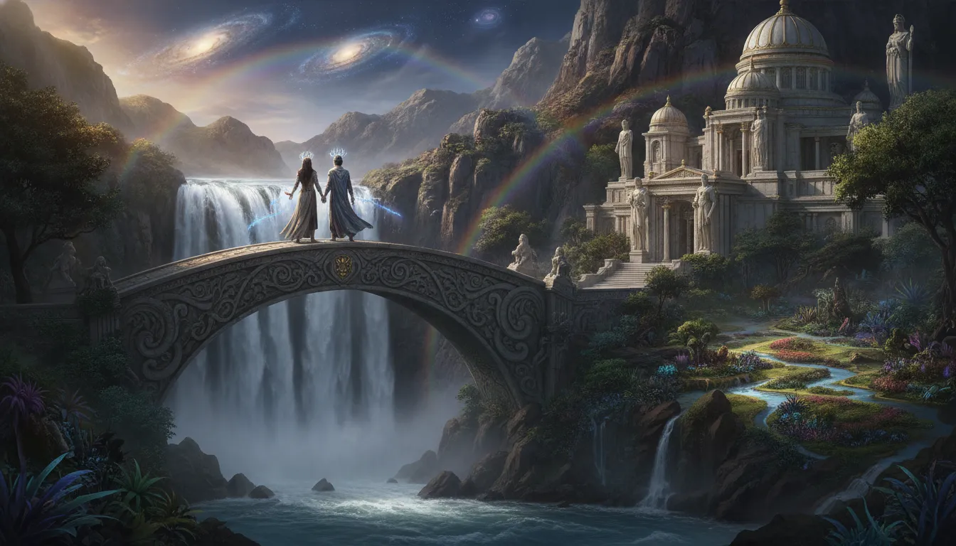 Divine couple standing on a bridge over a waterfall with a temple built into the cliff.