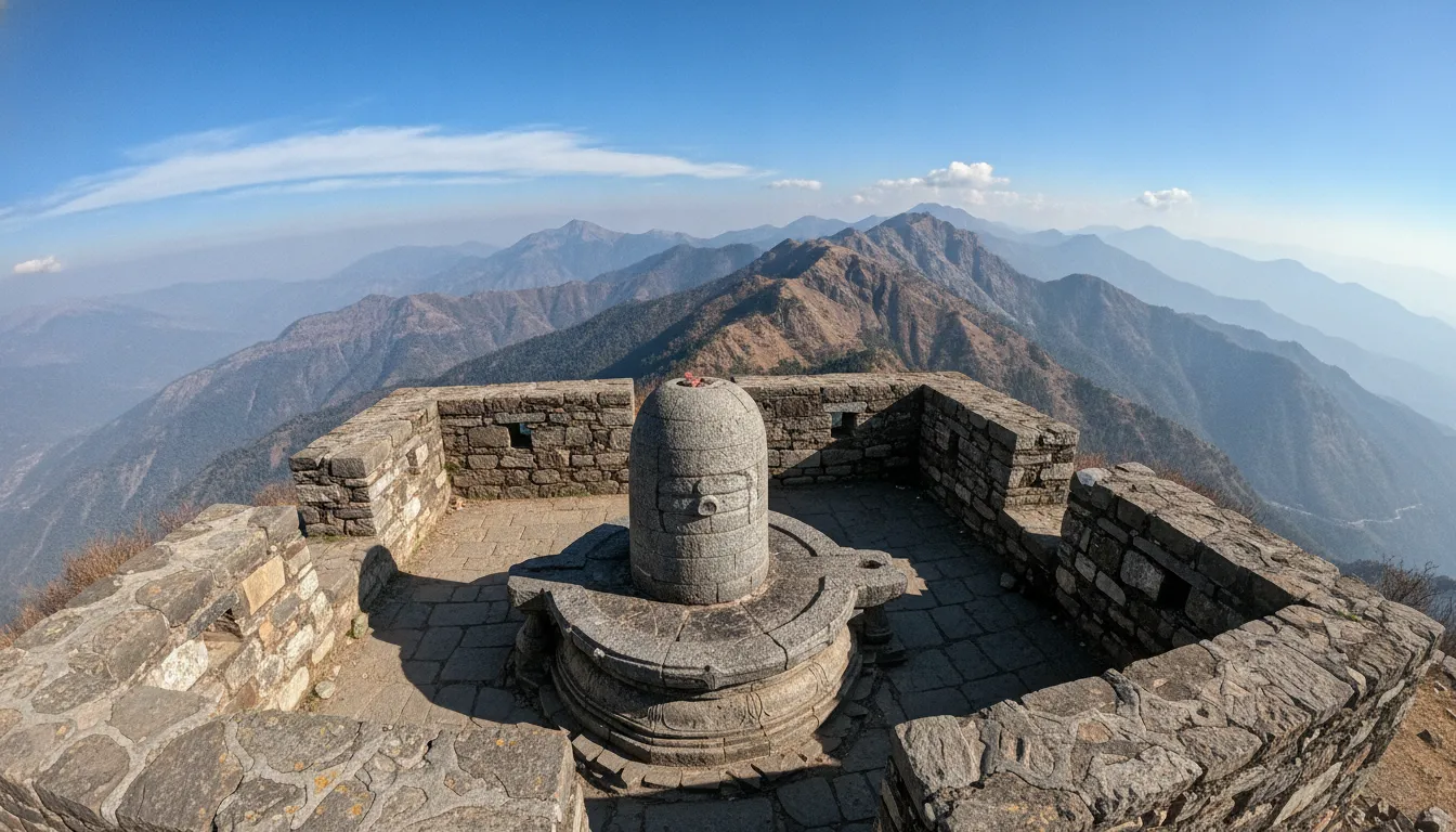 Ancient shiv temple shivling images showing an outdoor stone Shivling on a historic mountain peak surrounded by ancient ruins.