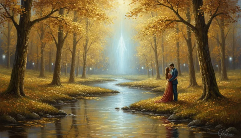 A gentle stream reflecting golden forest lights with a divine couple standing near the water banks.