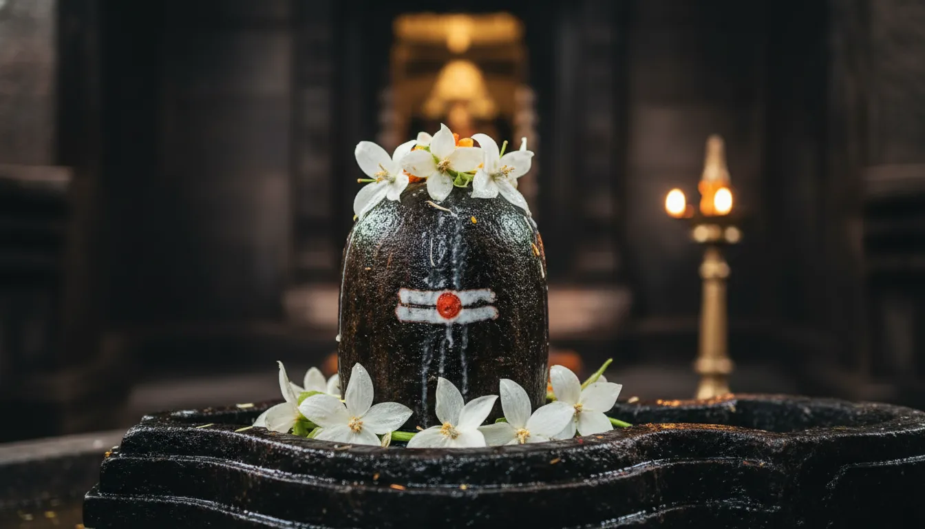 Beautiful images of giving flowers on the shivling featuring white datura flowers placed delicately on the sacred stone deity.