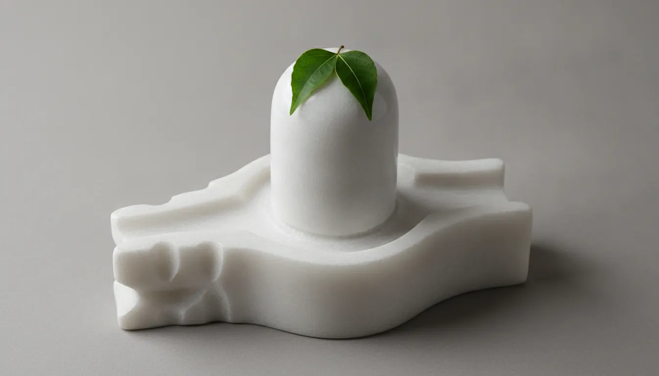 A pure white marble image of shivling with bilva patra offering a striking contrast between the white stone and fresh green leaves.
