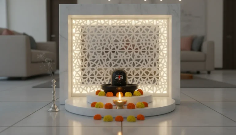 Modern white marble mandir design featuring a sacred black Shivling for home pooja room.