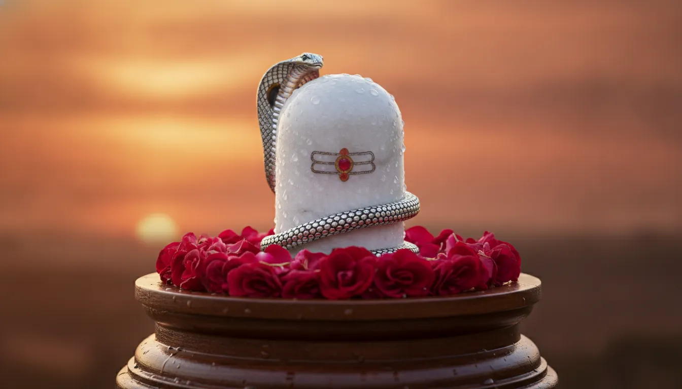 Elegant white marble Shivling beautifully decorated with deep red rose petals and a silver snake.