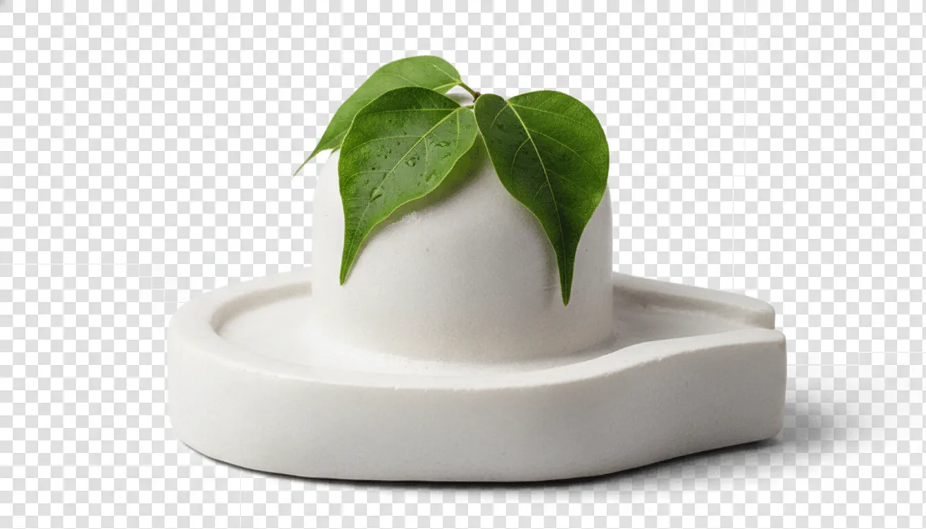 Lord Shiva white stone shivling with fresh green bilva leaves PNG