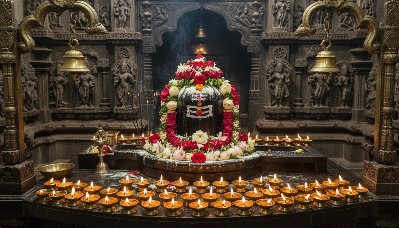 A wide-angle frontal shot of a brilliantly illuminated shivling inside a classic Indian temple surrounded by oil lamps and brass bells.