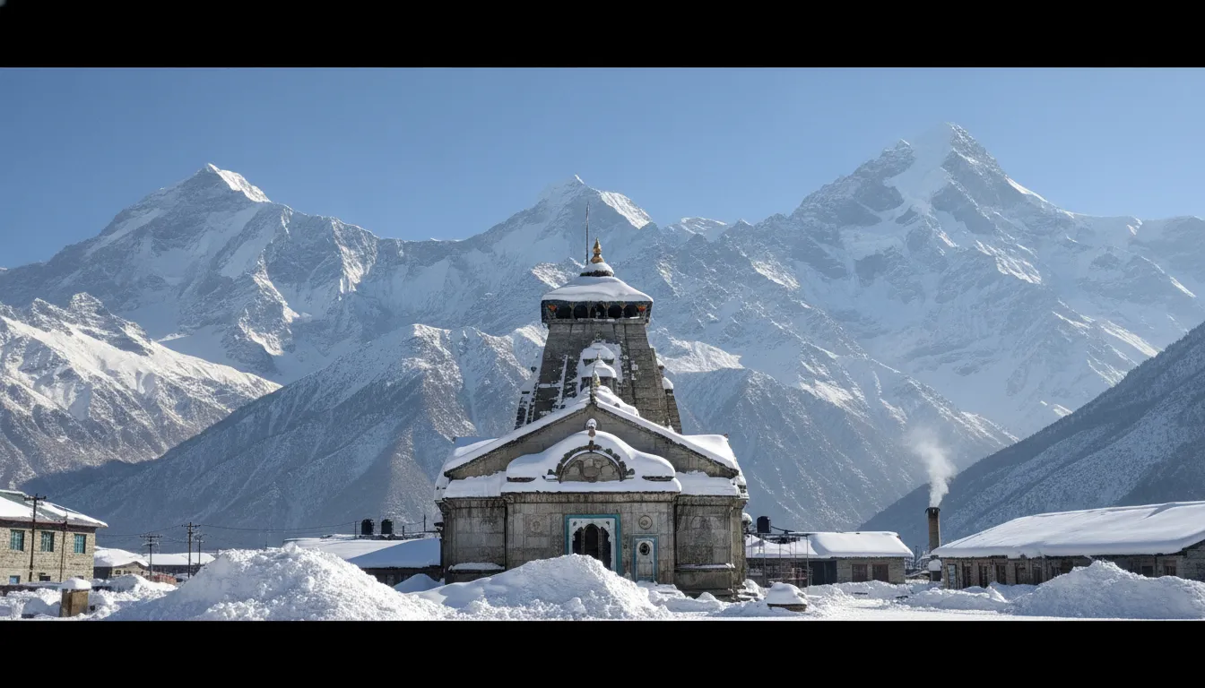 Kedarnath temple surrounded by pristine winter snow under a clear blue sky in the Garhwal Himalayas