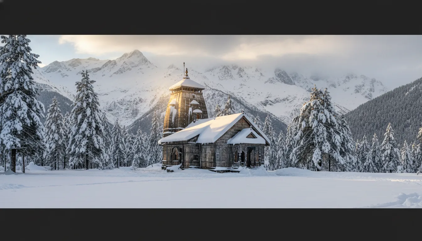 Beautiful panoramic winter landscape of Sudh Mahadev Temple completely covered in fresh white snow.