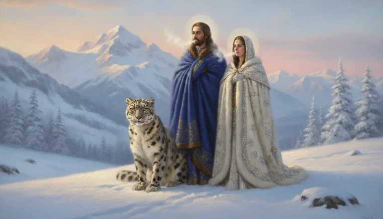 Divine couple in a snowy mountain landscape with a snow leopard
