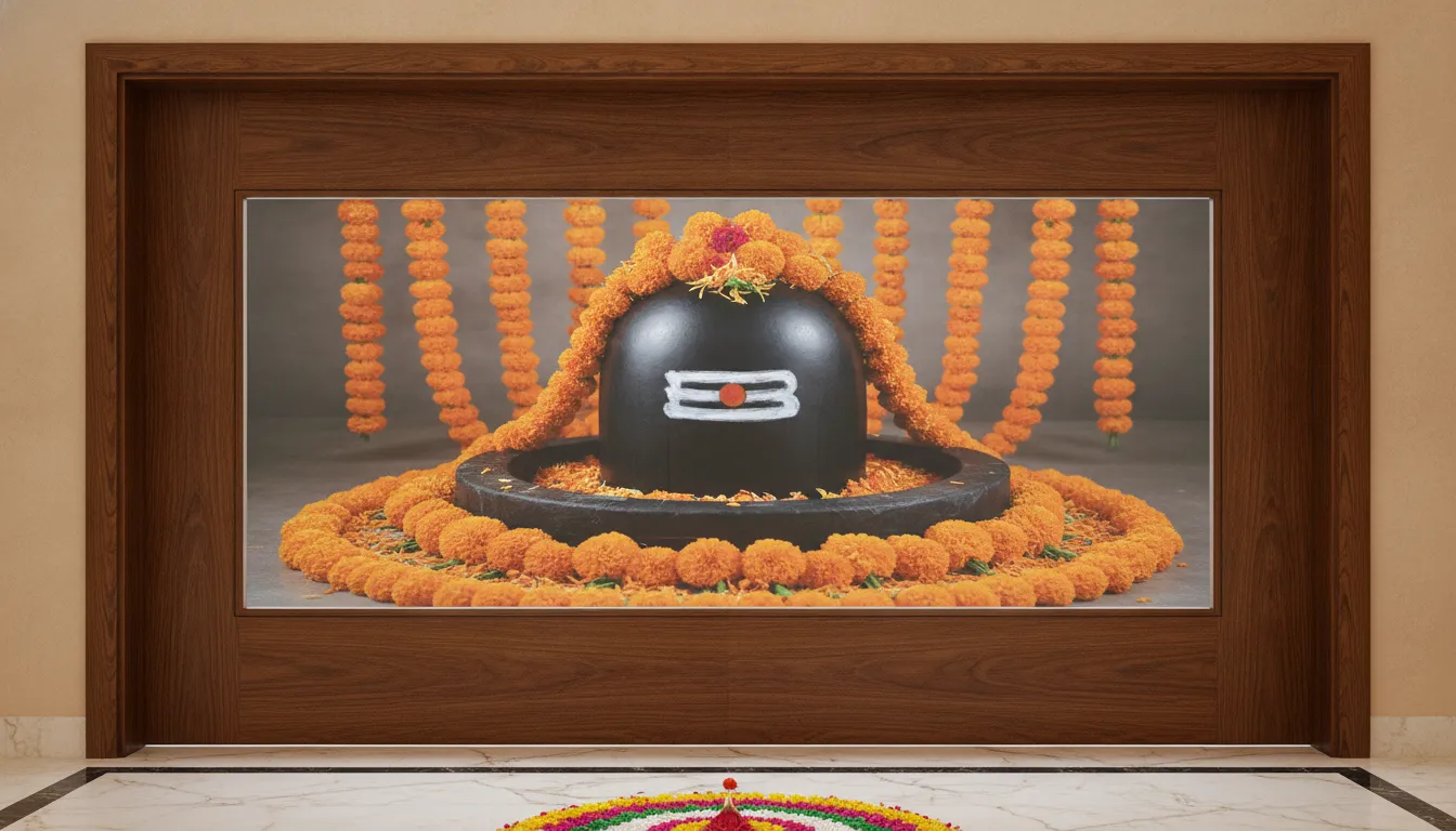 A classic teak wood framed glass door featuring a high-definition digital print of a holy Shivling.