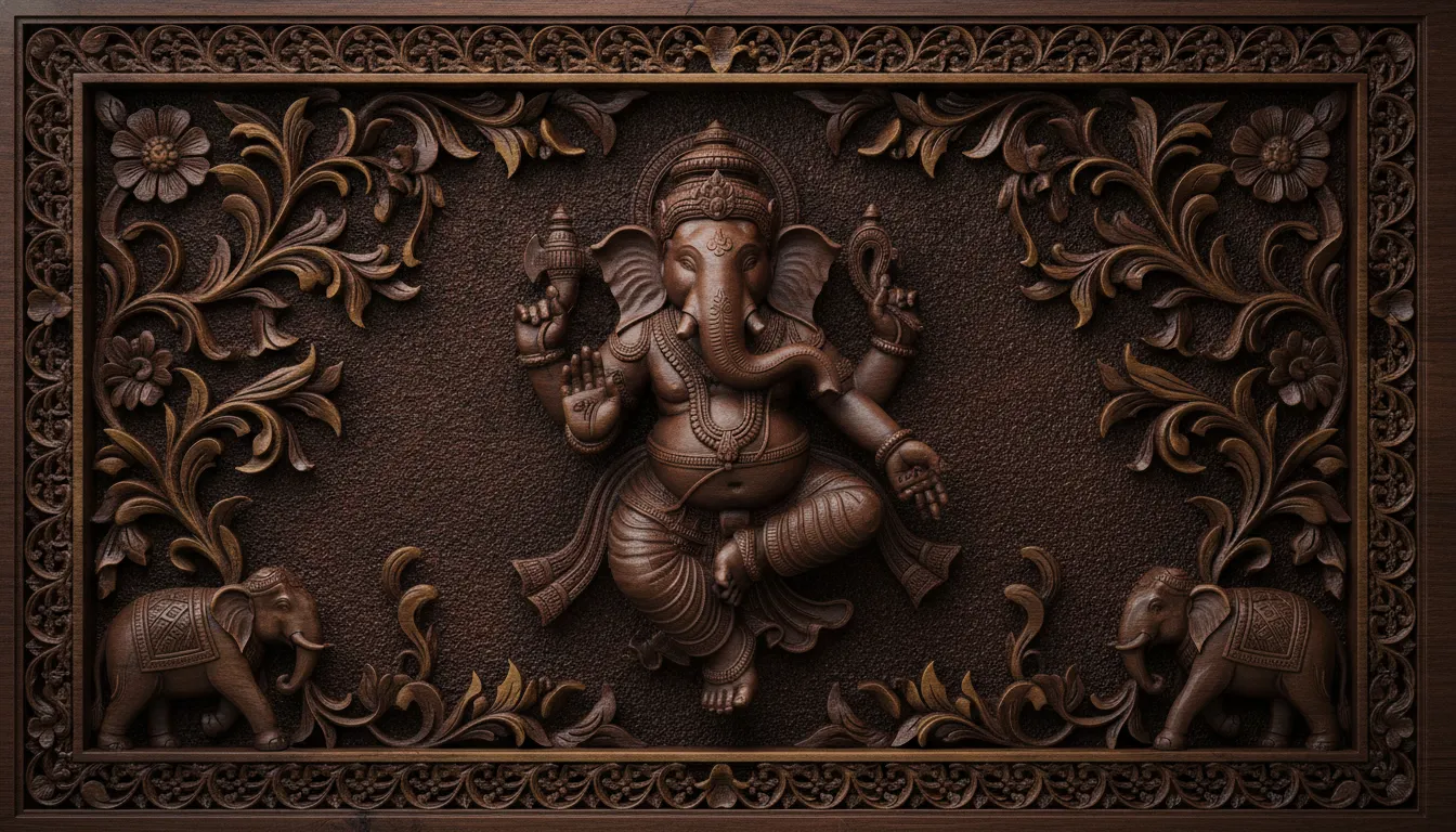 Digital painting mimicking a rustic dark wood relief carving of Lord Ganesha with intricate floral borders.
