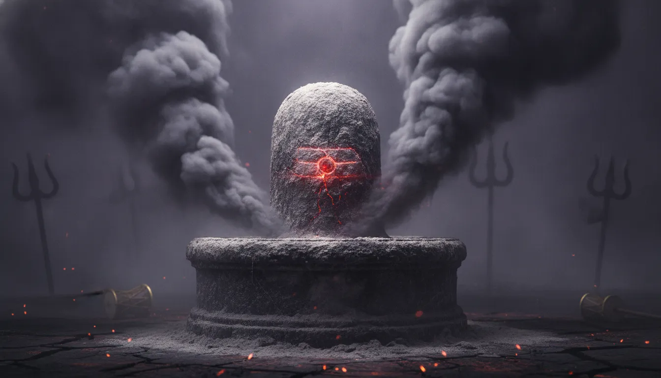 Mystic Mahakal Shivling in hungry form surrounded by thick dark smoke and glowing ash.