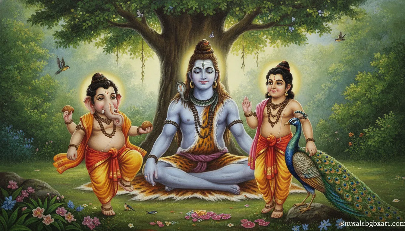 Colorful painting of young Ganesha holding a sweet and Kartikeya with his peacock playing near Shiva.