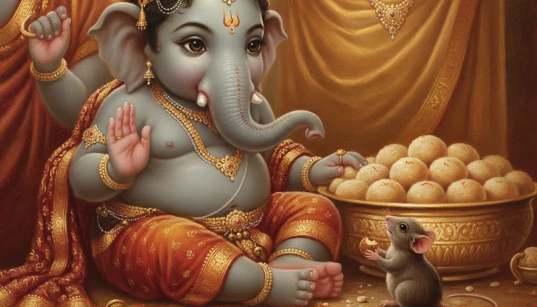 Bal Ganesha smiling with his vahana the mouse in a family portrait