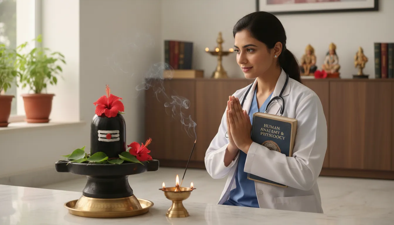 A young medical student in a white coat with a stethoscope and medical textbook, joining hands in front of a Shivling.