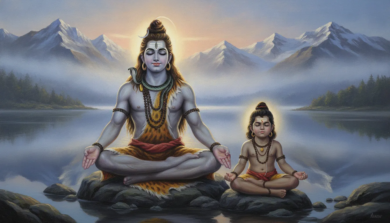 Spiritual painting of a young Murugan sitting in lotus position beside Lord Shiva trying to meditate.