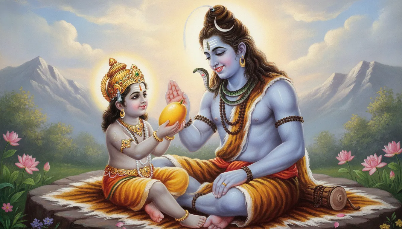 Divine painting of young Murugan holding a fresh mango fruit up toward Lord Shiva's face.