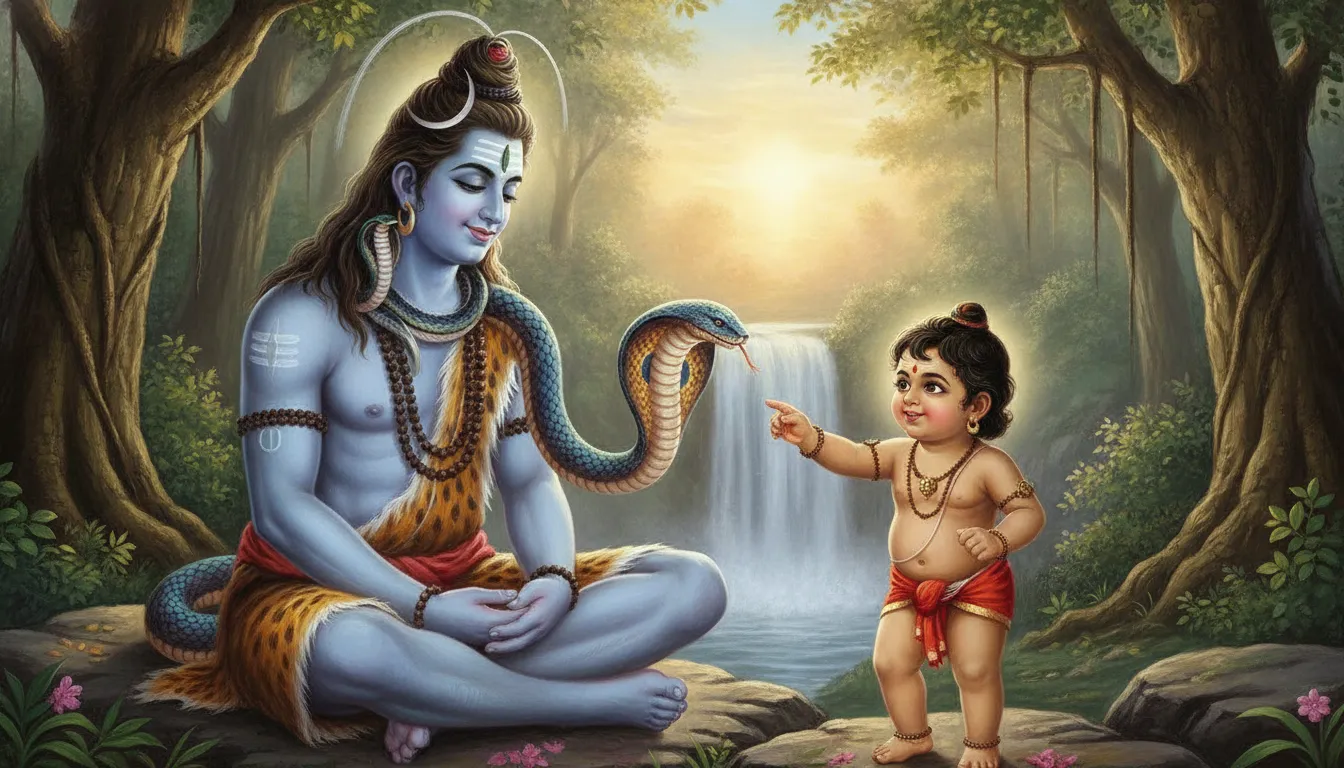 Art showing a fearless young Murugan gently touching the snake around Lord Shiva's neck while Shiva smiles.