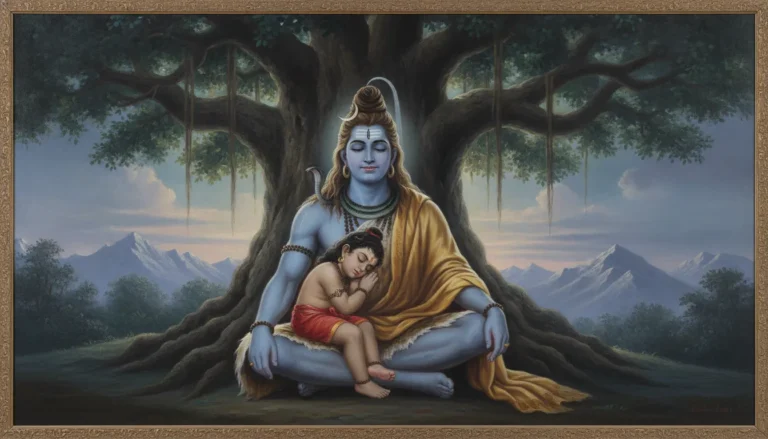 A tender painting of a tired young Murugan asleep on the shoulder of a protective Lord Shiva.