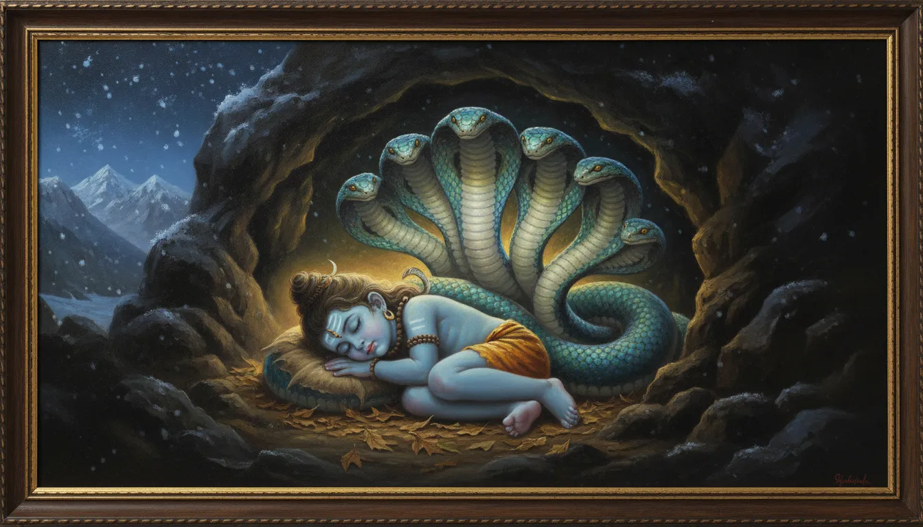 A small child Shiva sleeping while a large, gentle multi-headed snake protects him inside a mountain cave.