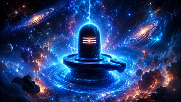 A modern abstract glowing neon blue Shivling floating in space with stars.