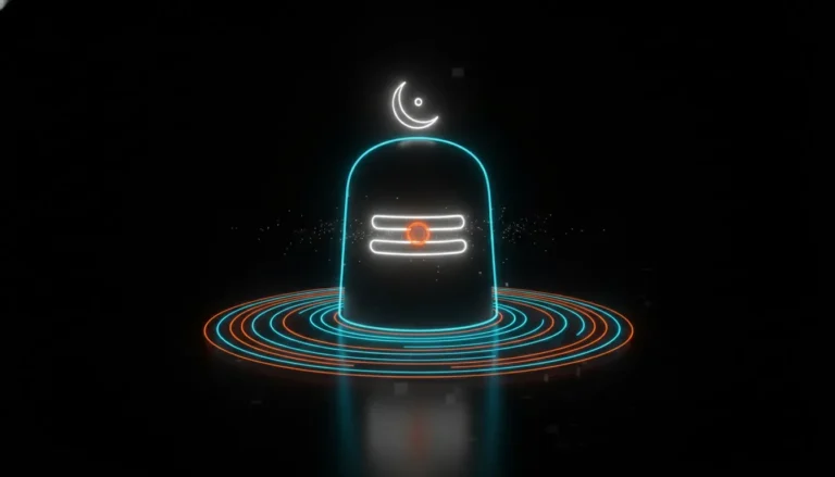 Abstract digital line art of a Shivling glowing with vibrant neon blue and orange laser lights.