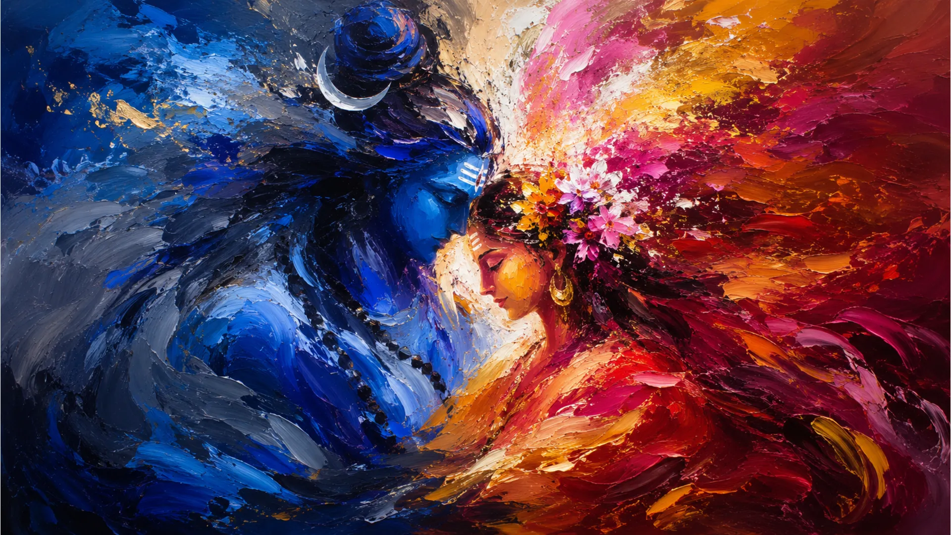 Abstract expressionist canvas painting with bold strokes showing shapes of Shiva and Parvati with bright floral colors in her hair.