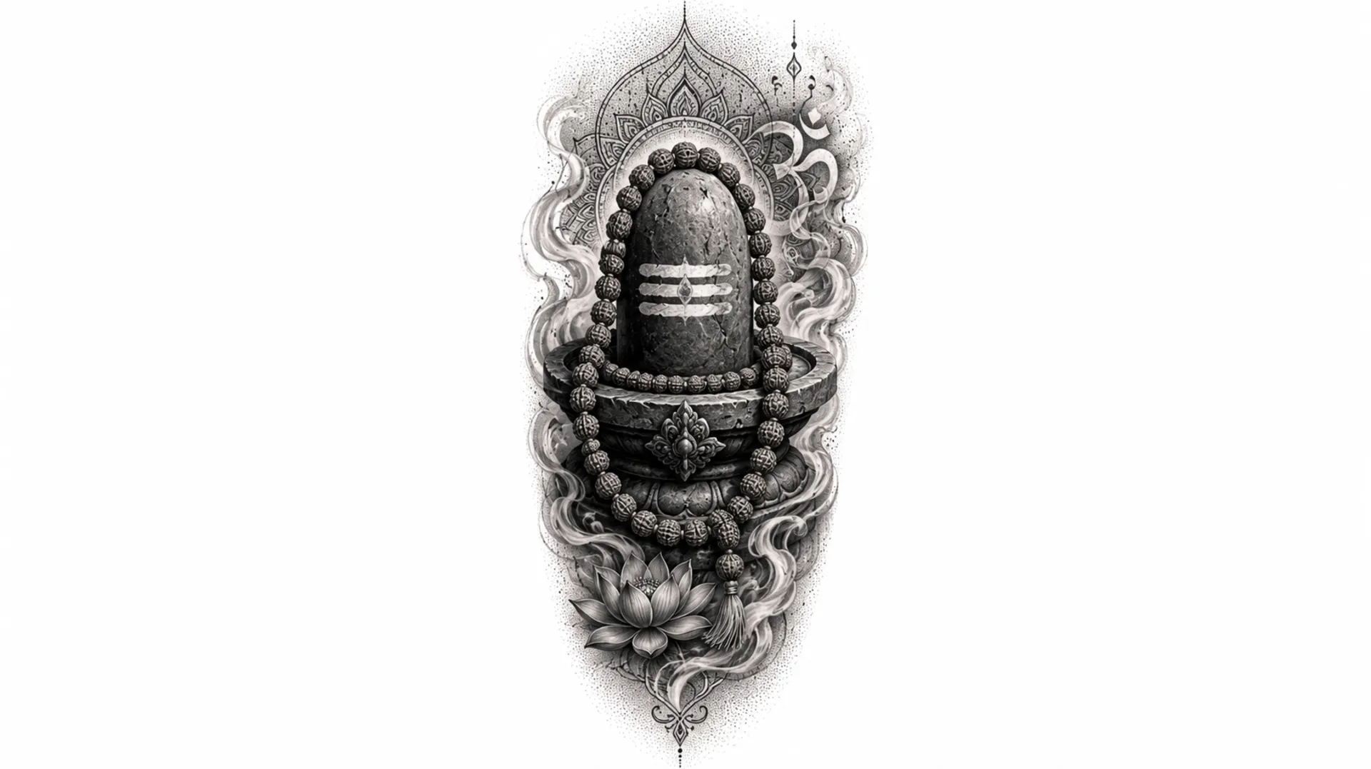 Abstract geometric tattoo image of a shivling composed of intersecting straight lines, triangles, and dots on the calf.