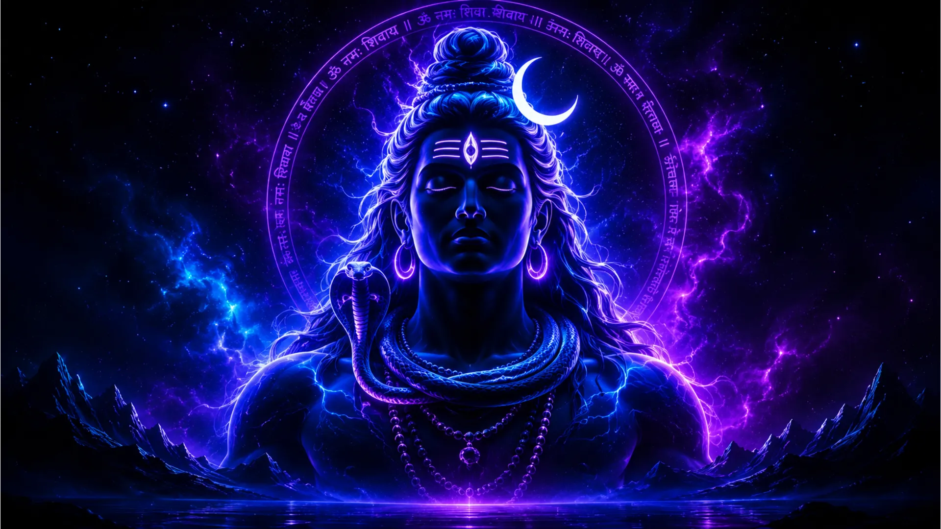Modern abstract digital art of Lord Shiva with glowing neon lines.