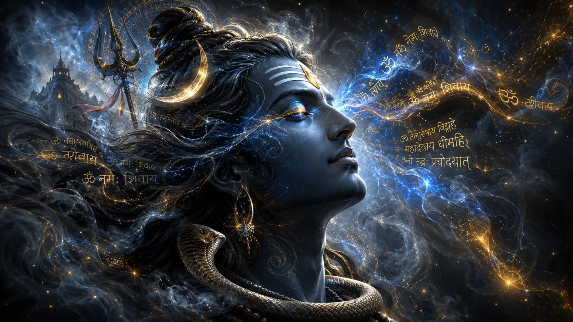 Artistic abstract depiction of Lord Shiva with smoke swirling into cosmic patterns.