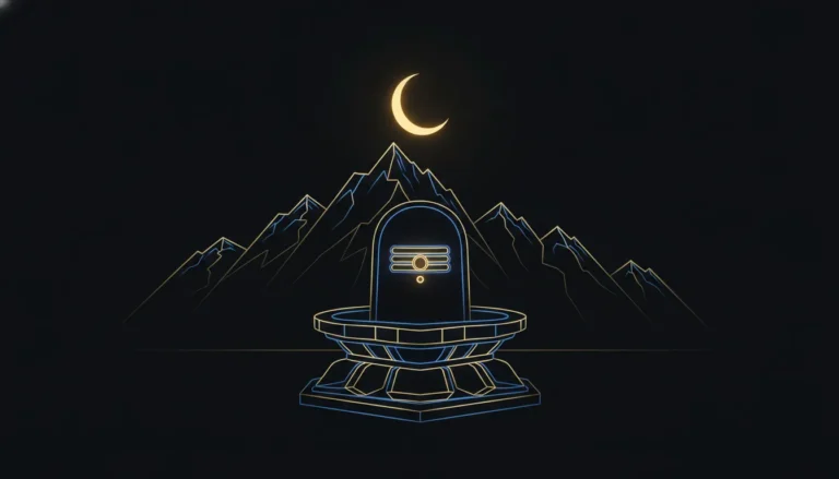 A modern minimalist digital illustration of a glowing blue Shivling against dark mountains.