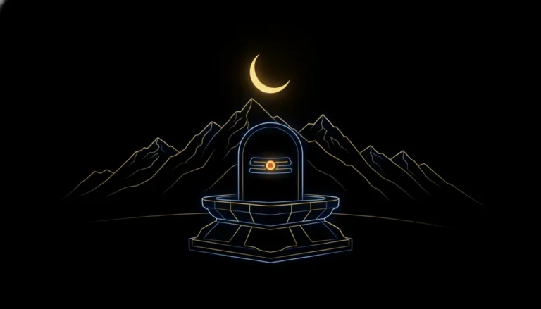 A modern minimalist digital illustration of a glowing blue Shivling against dark mountains.