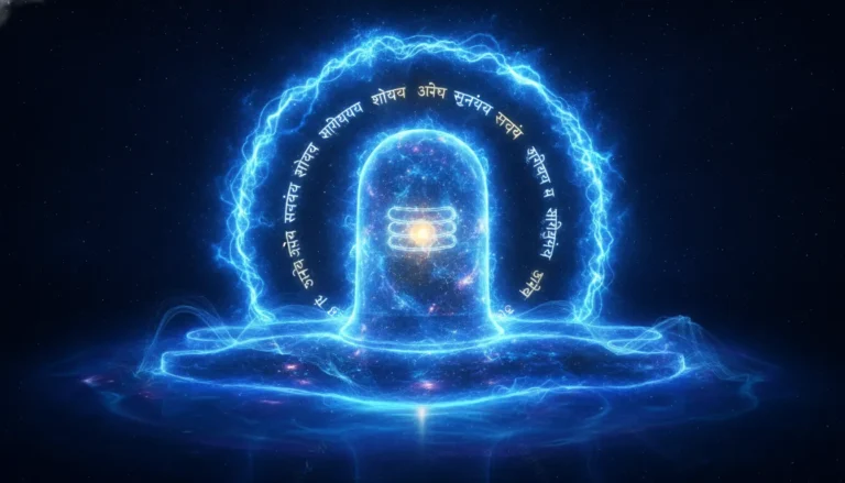 Abstract sawan shivling image featuring a cosmic blue energy aura and glowing Mahamrityunjay mantra.