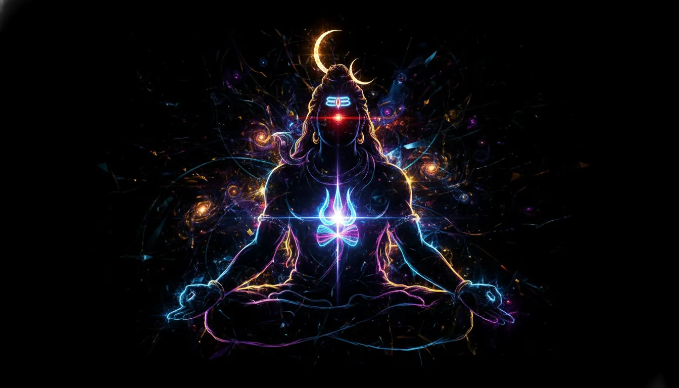 Modern abstract neon art representation of Lord Shiva with a glowing trident.