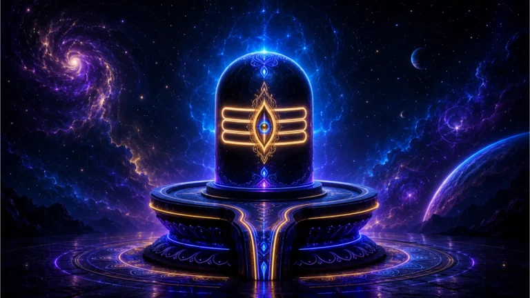 A modern digital artwork of a Shivling decorated with glowing neon geometric lines and cosmic stars