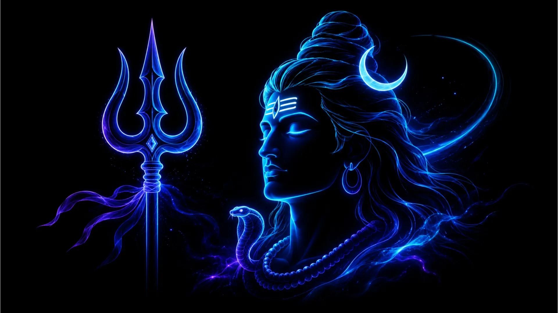 Modern abstract neon graphic art of Lord Shiva with glowing blue and purple lines.
