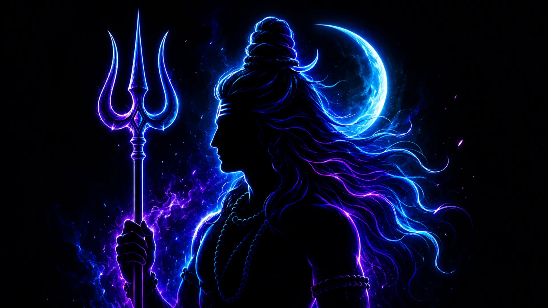 Modern abstract silhouette of Lord Shiva in glowing neon blue and purple colors.