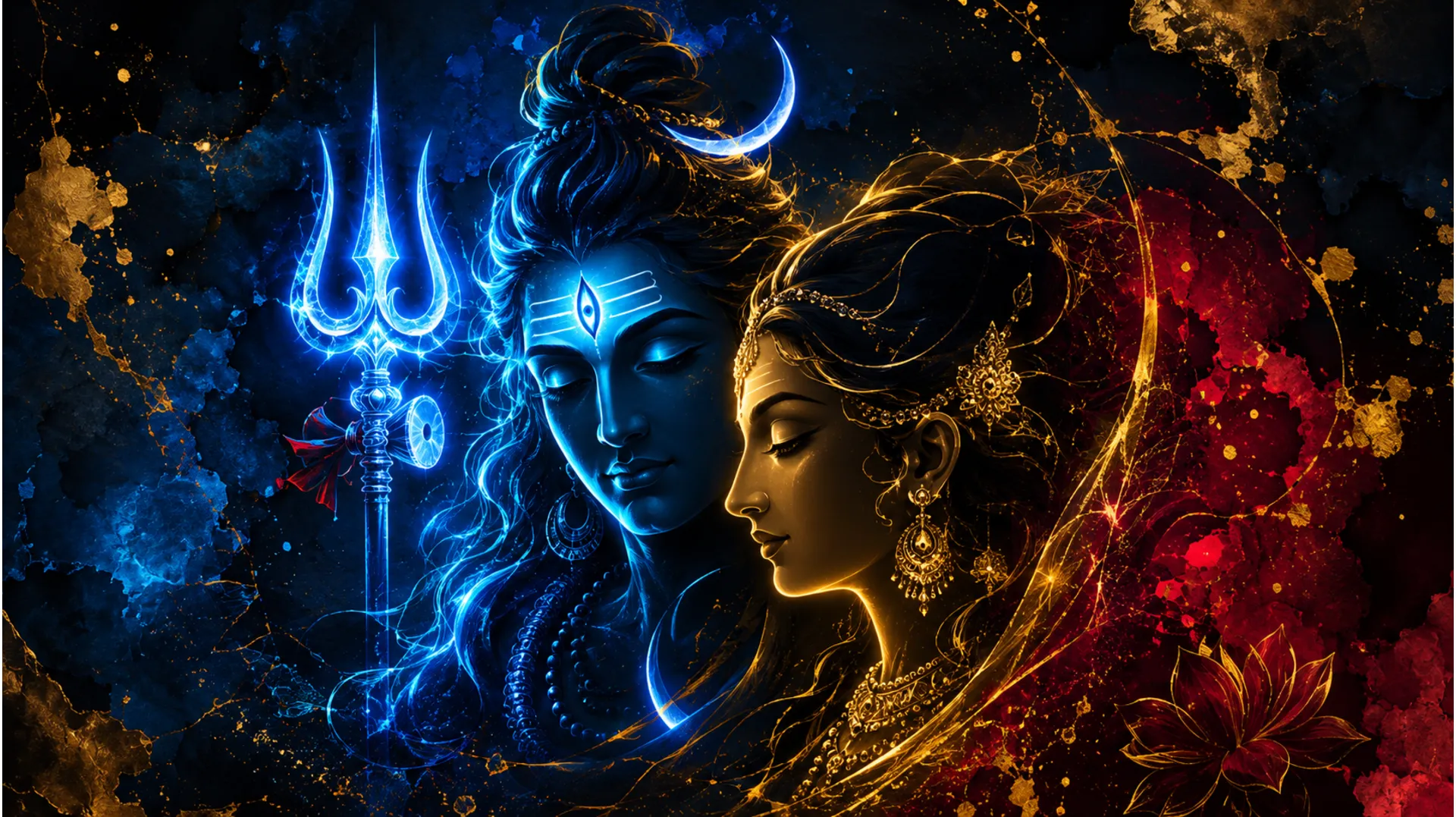 Modern abstract digital painting of Shiva and Parvati for smartphone screens.
